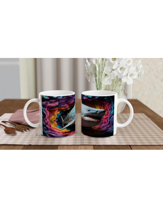 Geometrik Doku ve Renk Patlamasıyla Köpekbalığı Su Altı Temalı Kupa Bardak