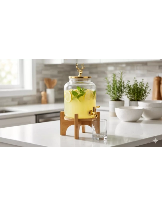 Geyik Figürlü Gold Lüks Cam İçecek Sebili - 3.6 Litre Bambu Standlı Meyve Suyu Kovası