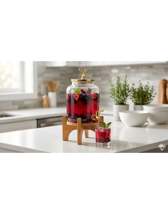 Geyik Figürlü Gold Lüks Cam İçecek Sebili - 3.6 Litre Bambu Standlı Meyve Suyu Kovası