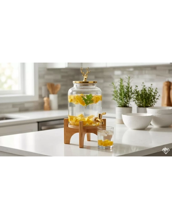 Geyik Figürlü Gold Lüks Cam İçecek Sebili - 3.6 Litre Bambu Standlı Meyve Suyu Kovası