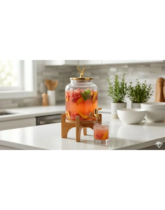 Geyik Figürlü Gold Lüks Cam İçecek Sebili - 3.6 Litre Bambu Standlı Meyve Suyu Kovası