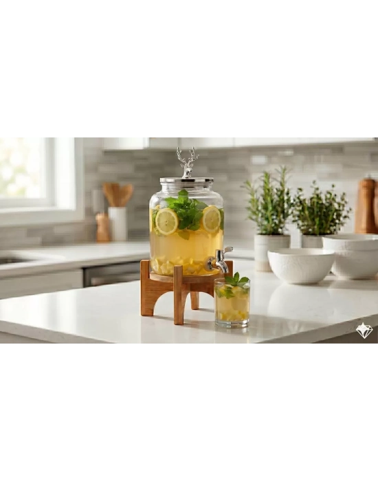 Geyik Figürlü Gümüş Lüks Cam İçecek Sebili - 3.6 Litre Bambu Standlı Meyve Suyu Kovası