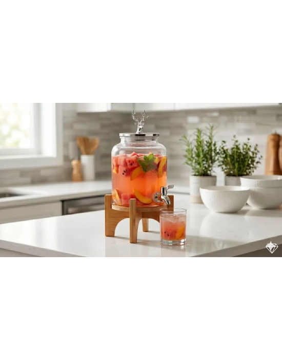 Geyik Figürlü Gümüş Lüks Cam İçecek Sebili - 3.6 Litre Bambu Standlı Meyve Suyu Kovası