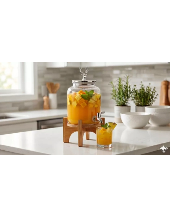 Geyik Figürlü Gümüş Lüks Cam İçecek Sebili - 3.6 Litre Bambu Standlı Meyve Suyu Kovası