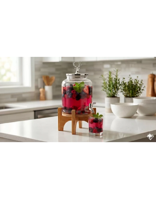 Geyik Figürlü Gümüş Lüks Cam İçecek Sebili - 3.6 Litre Bambu Standlı Meyve Suyu Kovası