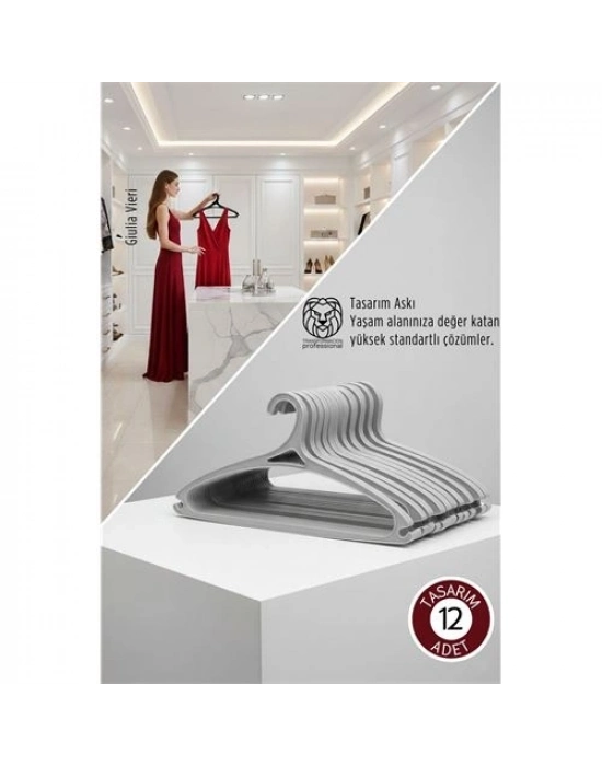 ® Giulia Vieri Selection: 12li Premium İtalyan Tasarım İnce Siluet Kaymaz Elbise Askısı Seti GRİ