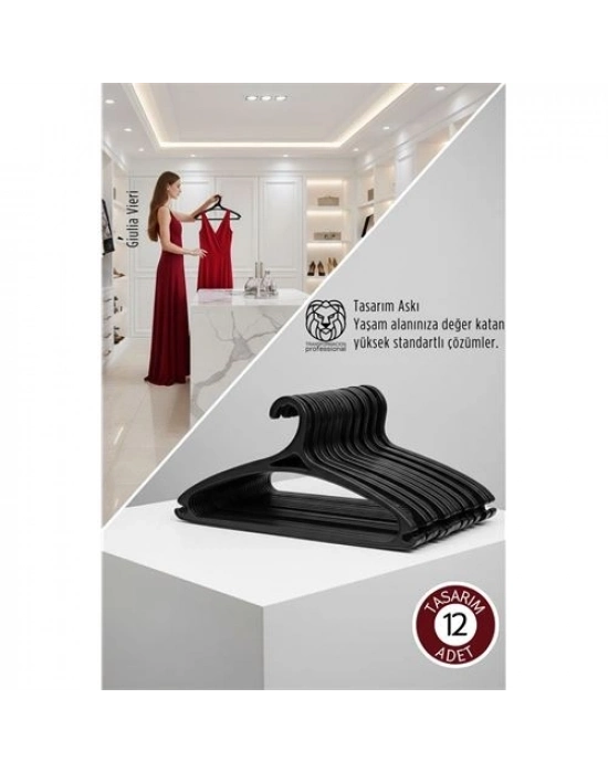 ® Giulia Vieri Selection: 12li Premium İtalyan Tasarım İnce Siluet Kaymaz Elbise Askısı Seti SİYAH