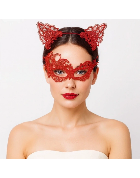 Gizemli Kırmızı Dantel Maske Ve Taç Seti 1 No - Kostüm Seti