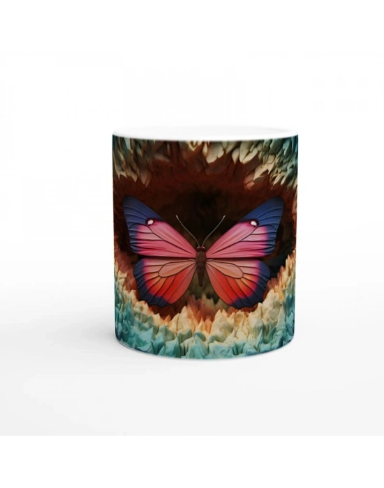 Gizemli Orman Dokusunda Pembe-Mavi Kanatlı Kelebek Baskılı Kupa Bardak