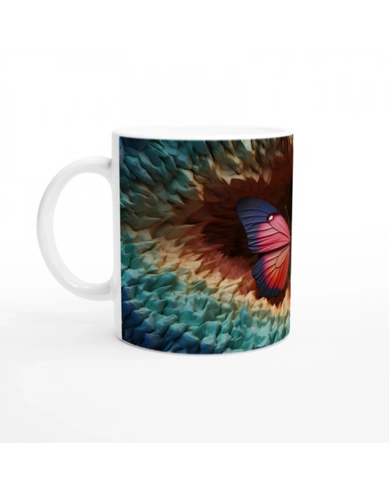 Gizemli Orman Dokusunda Pembe-Mavi Kanatlı Kelebek Baskılı Kupa Bardak