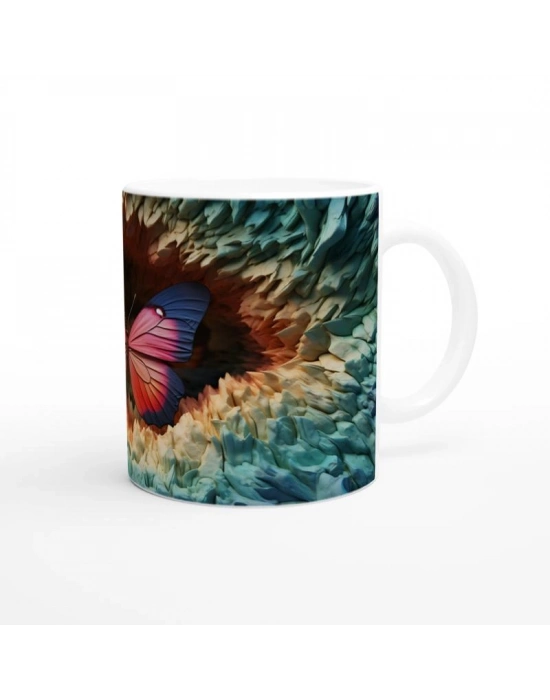 Gizemli Orman Dokusunda Pembe-Mavi Kanatlı Kelebek Baskılı Kupa Bardak