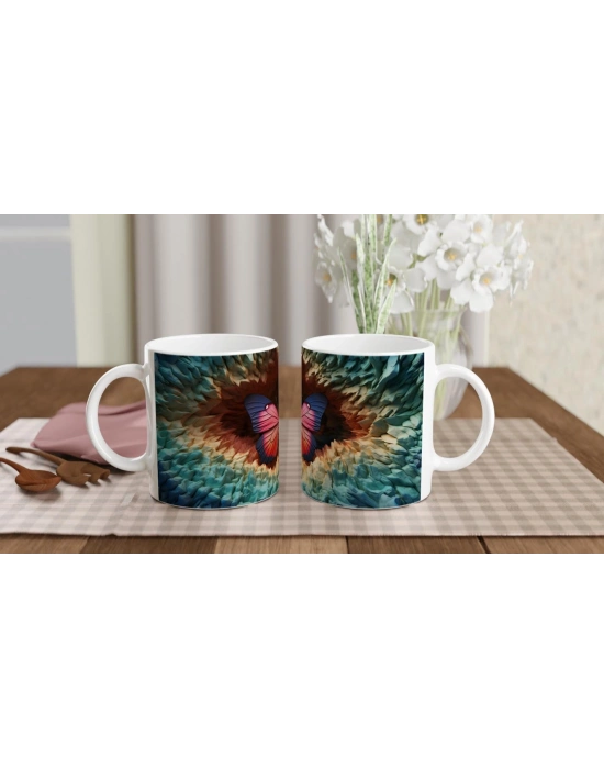 Gizemli Orman Dokusunda Pembe-Mavi Kanatlı Kelebek Baskılı Kupa Bardak