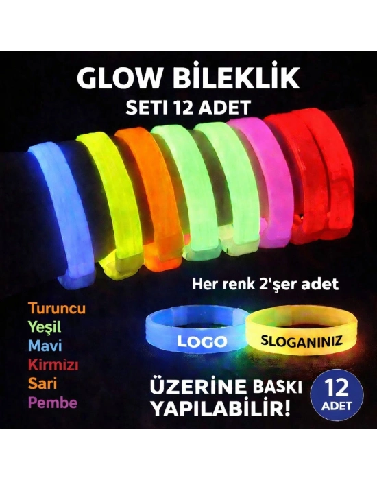 Glow Kalın Bileklik 12’li Set | Baskıya Uygun Renkli Model
