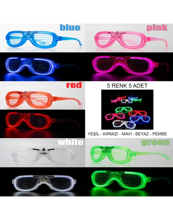 Glow Model Led Işıklı Parti Gözlüğü 3 Modlu 5 Renk 5 Adet