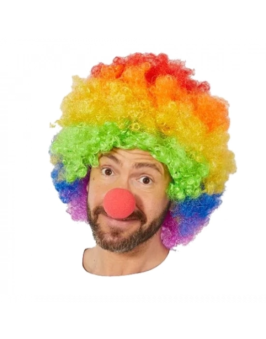 Gökkuşağı Afro Peruk ve Kırmızı Sünger Burun