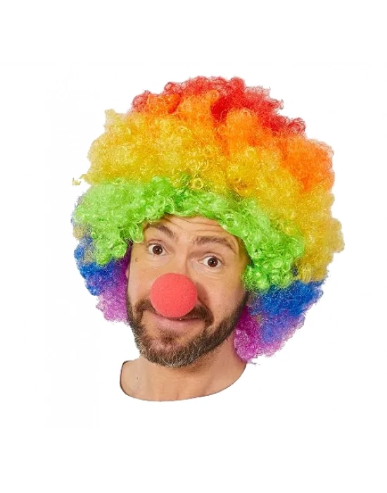 Gökkuşağı Afro Peruk ve Kırmızı Sünger Burun