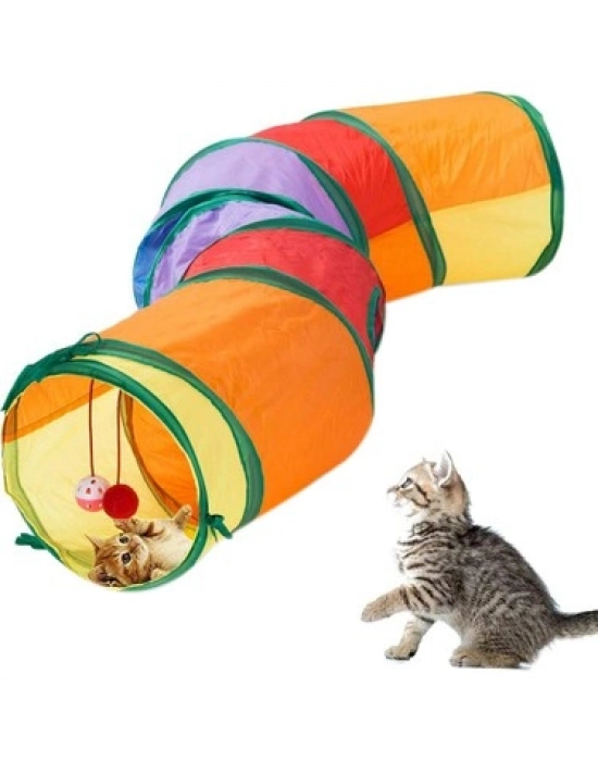 Gökkuşağı Desenli S Model Kedi Oyun Tüneli, Katlanabilir 125 cm