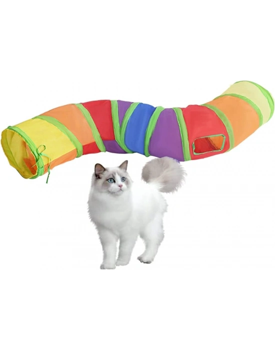 Gökkuşağı Desenli S Model Kedi Oyun Tüneli, Katlanabilir 125 cm