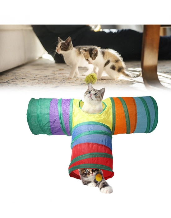 Gökkuşağı Desenli T Model Kedi Oyun Tüneli, Katlanabilir 50 x 75 cm