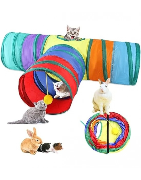 Gökkuşağı Desenli T Model Kedi Oyun Tüneli, Katlanabilir 50 x 75 cm