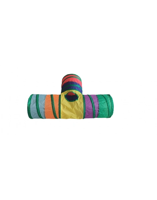 Gökkuşağı Desenli T Model Kedi Oyun Tüneli, Katlanabilir 50 x 75 cm
