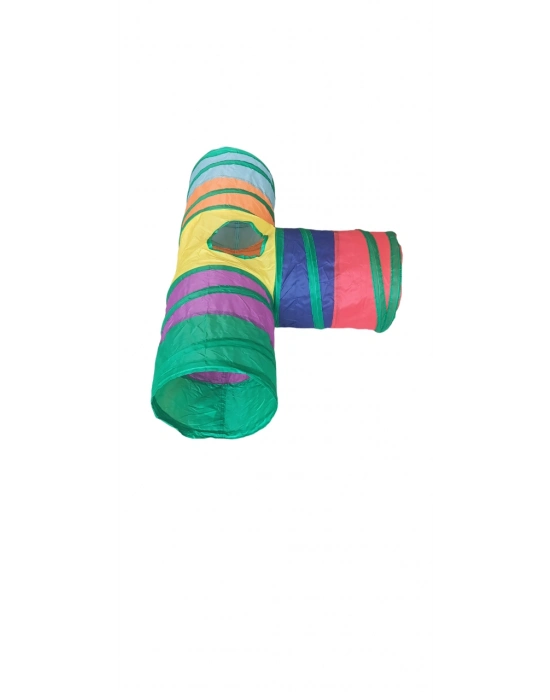 Gökkuşağı Desenli T Model Kedi Oyun Tüneli, Katlanabilir 50 x 75 cm