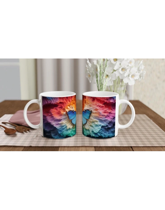 Gökkuşağı Dokusunda Parlayan Mavi Kelebek Baskılı Kupa Bardak