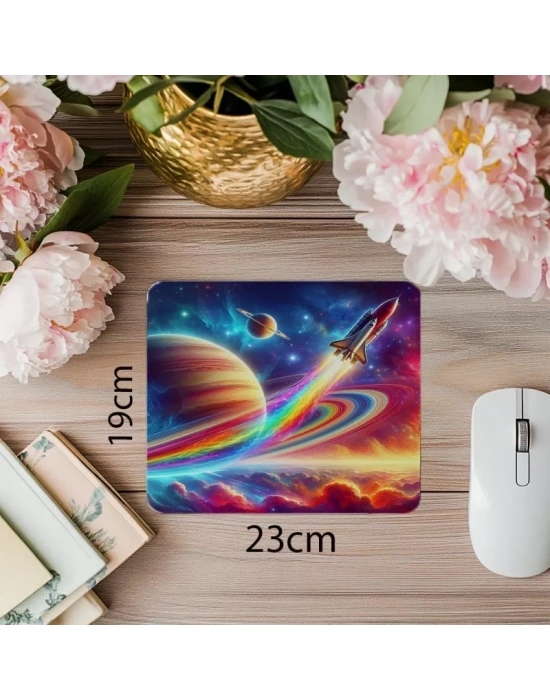 Gökkuşağı Egzozlu Uzay Aracı Mouse Pad - 19x23 cm 2 mm Dikdörtgen İthal Baskılı Mouse Pad