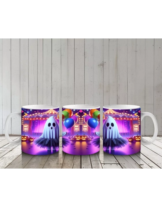 Gökkuşağı Işıklı Sahne Üzerinde Dans Eden Cadı Figürlü Renkli Cadılar Bayramı Baskılı Kupa Bardak