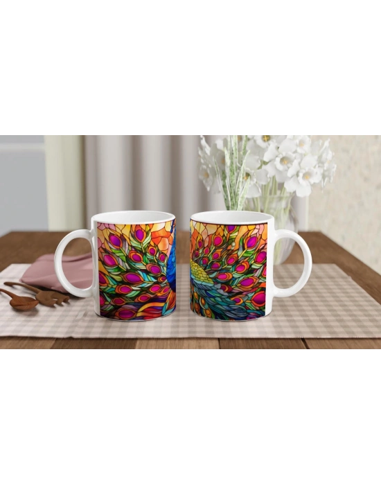 Gökkuşağı Kanatlı Tavus Kuşu Vitray Desenli Baskılı Kupa Bardak - 2