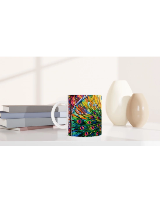 Gökkuşağı Kanatlı Tavus Kuşu Vitray Desenli Baskılı Kupa Bardak