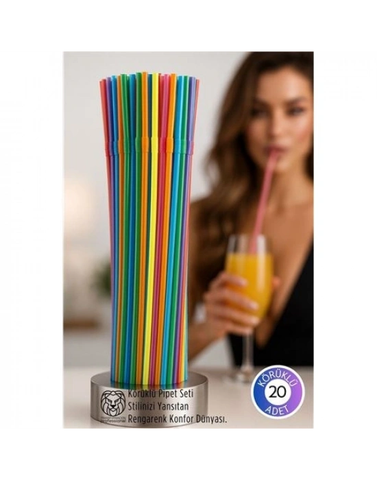 ® Gökkuşağı Serisi: 20’li Esnek Körüklü Lüx İçecek Pipeti – 22 cm Premium Sunum Seti