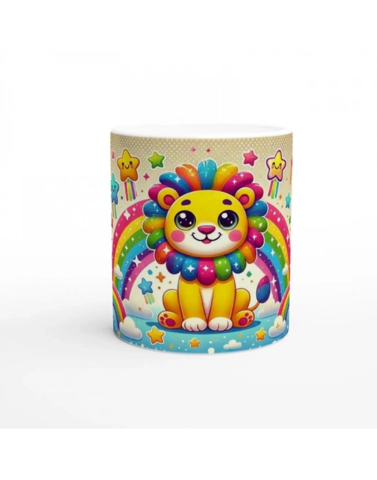 Gökkuşağı Yelesiyle Neşeli Aslan Temalı Çocuklara Özel Baskılı Kupa Bardak