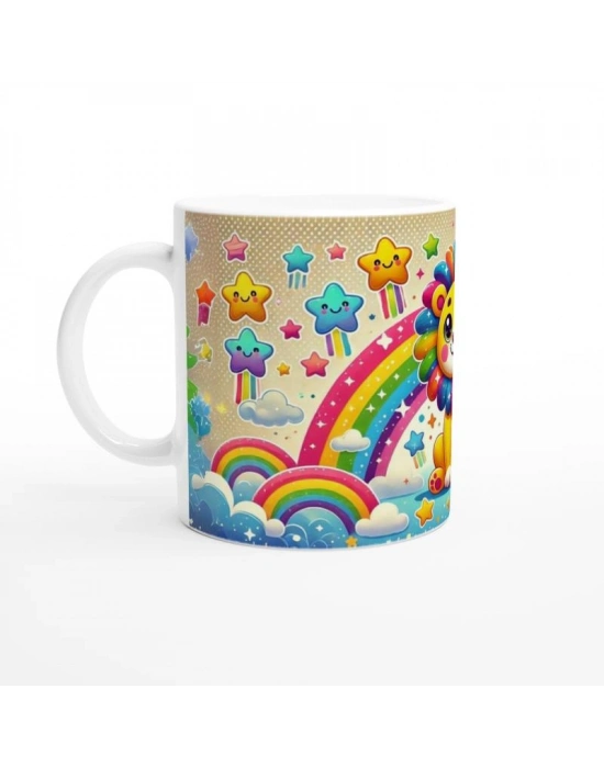 Gökkuşağı Yelesiyle Neşeli Aslan Temalı Çocuklara Özel Baskılı Kupa Bardak