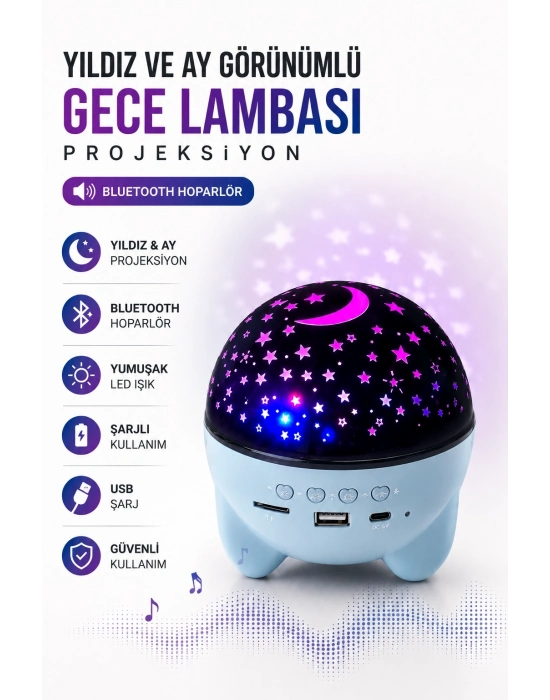 Gökyüzü Temalı Bluetooth Ve Hoparlörlü Şarjlı Çocuk Gece Lambası