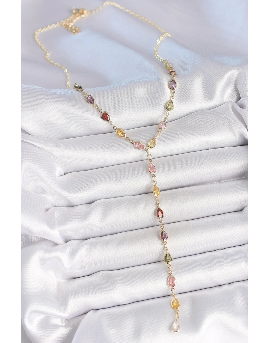 ® Gold Karışık Renk Zirkon Taşlı Y Pirinç Kolye