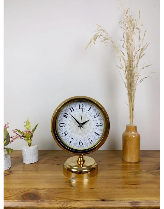 ® Gold Metal Çini Desen Masa Saati 25×20 cm