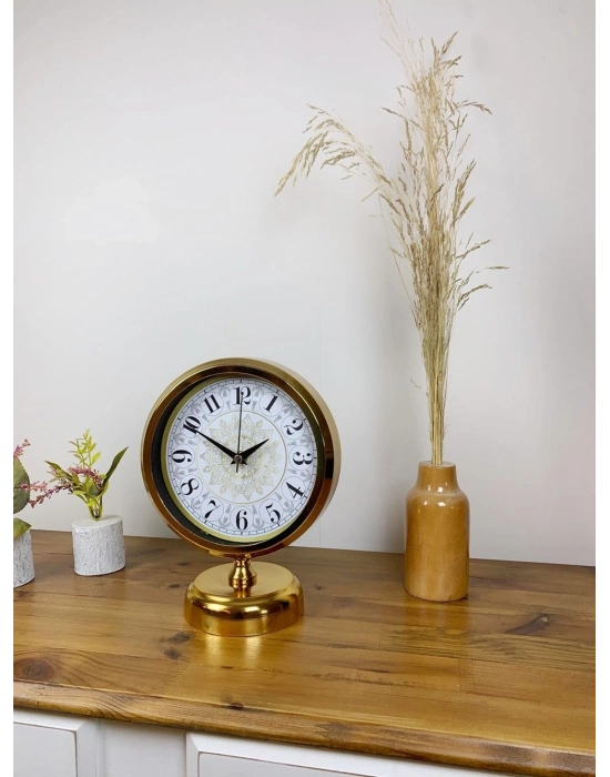 ® Gold Metal Çini Desen Masa Saati 25×20 cm