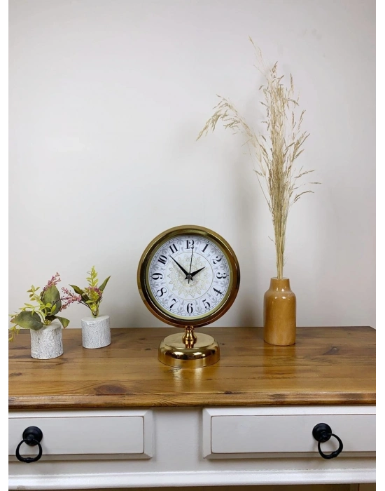 ® Gold Metal Çini Desen Masa Saati 25×20 cm