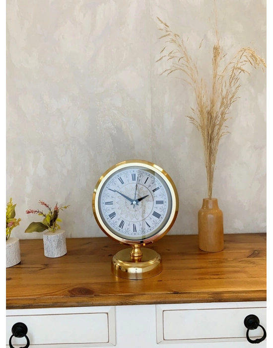 ® Gold Metal Çini Desenli Roma Rakamlı Masa Saati