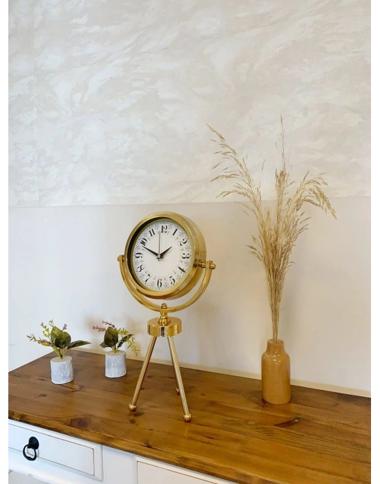 ® Gold Metal Mini Tripod Desenli Masa Saati 45×26 cm