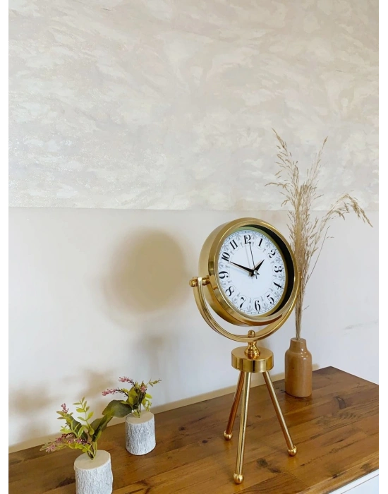 ® Gold Metal Mini Tripod Desenli Masa Saati 45×26 cm