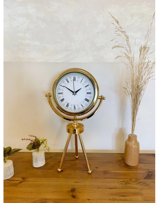 ® Gold Metal Mini Tripod Desenli Roma Rakamı Masa Saati 45×26 cm