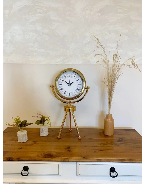 ® Gold Metal Mini Tripod Desenli Roma Rakamı Masa Saati 45×26 cm