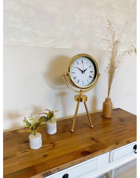 ® Gold Metal Mini Tripod Desenli Roma Rakamı Masa Saati 45×26 cm