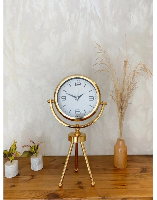® Gold Metal Mini Tripod Modern Masa Saati 45×26 cm – Şık ve Dekoratif Tasarım