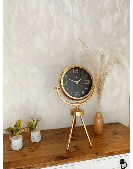 ® Gold Metal Mini Tripod Siyah İnci Masa Saati 45×26 cm – Şık ve Modern Dekoratif Tasarım
