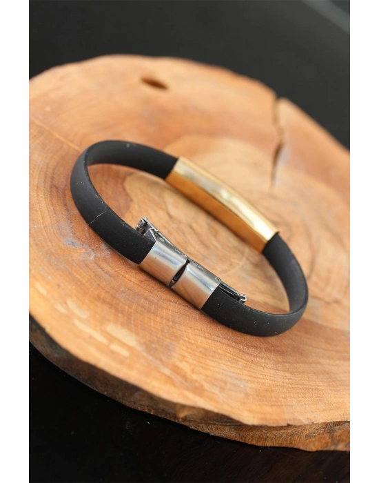 ® Gold Renk Çelik Yıldızlı Tasarım Siyah Renk Silikon Erkek Bileklik