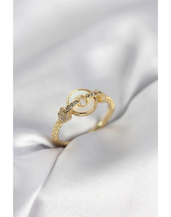 ® Gold Renk Daire Form Sedef ve Zirkon Taşlı Kadın Yüzük