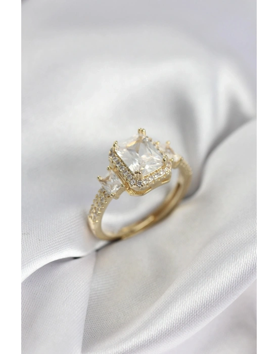 ® Gold Renk Kare Baget Zirkon Taşlı Tek Taş Model Kadın Yüzük